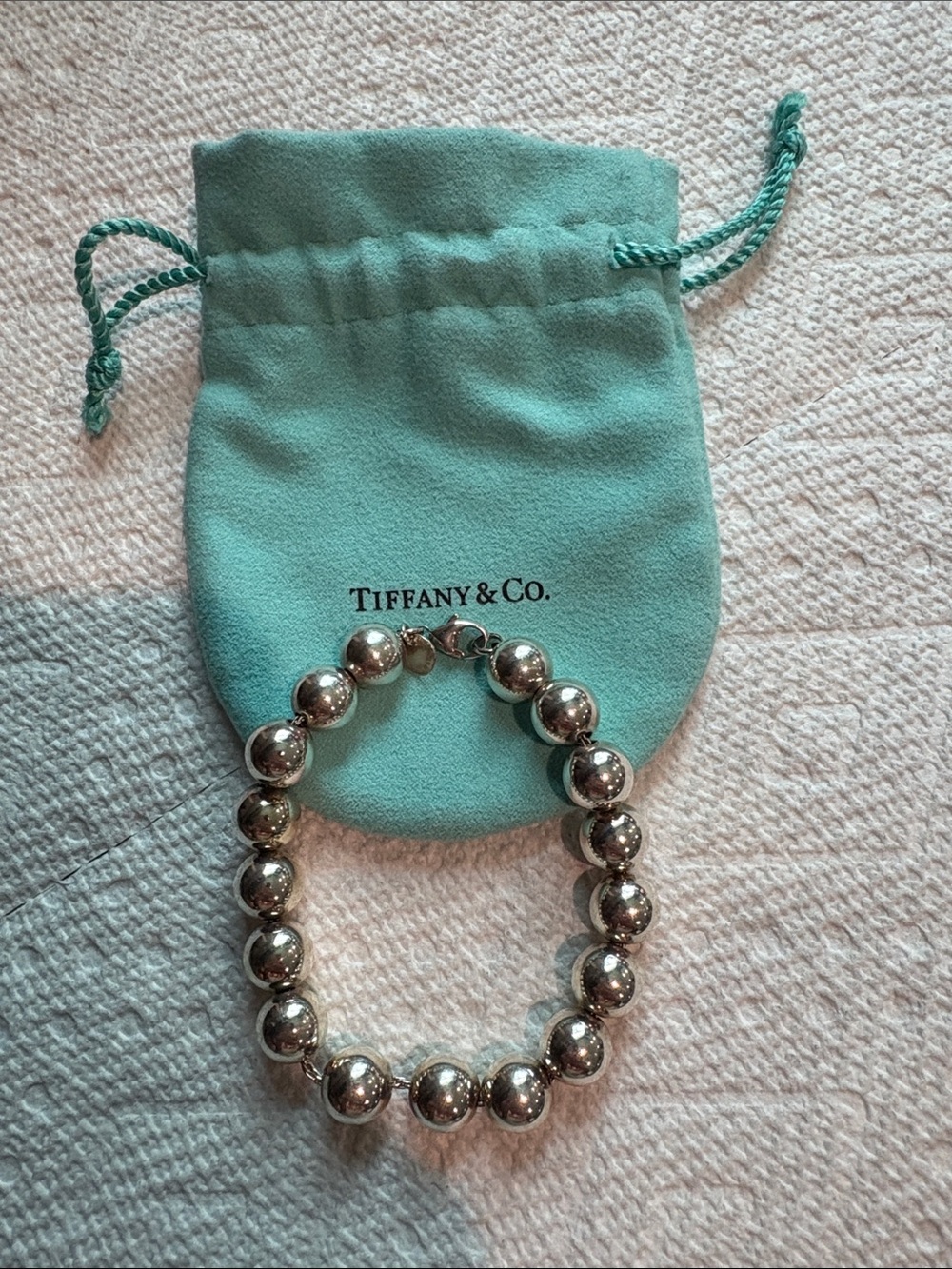 Tiffany & Co. Polished Silver Bead Bracelet with Tiffany Blue Pouch